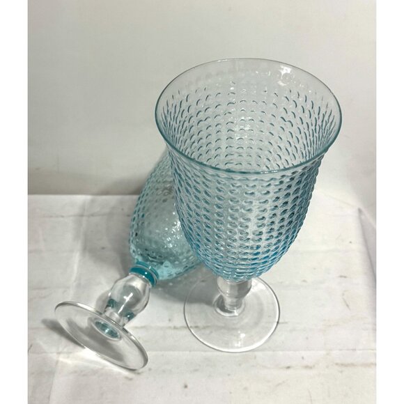 Textured Turquoise Blue Hobnail Glass Goblets Set Of 2 With Clear Stems - Picture 2 of 5